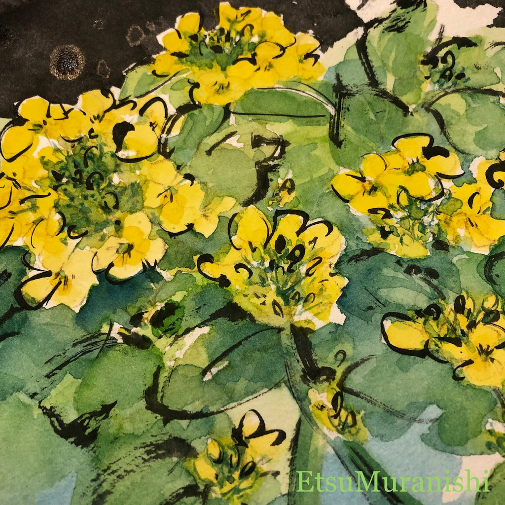 白鳳、竹和紙を使った水彩画作品